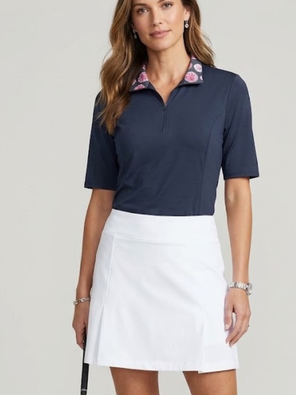 Tommy Bahama Navy Short-Sleeve Golf Polo with Pink Floral Collar